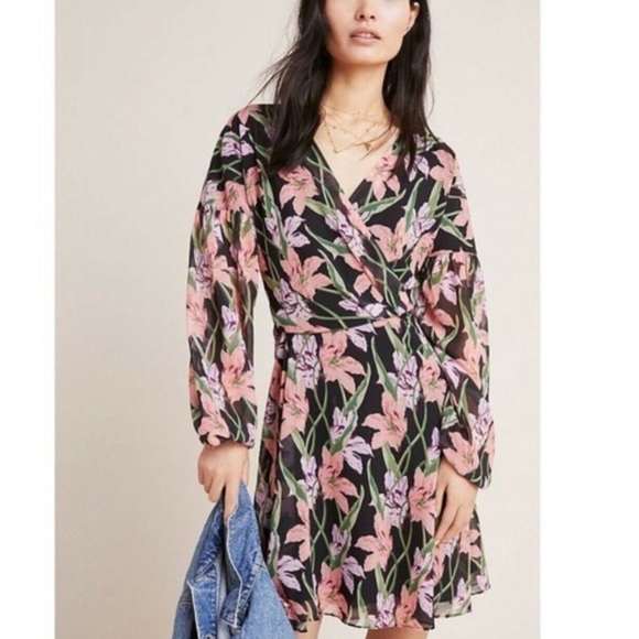 Anthropologie Aryessa Trellis Floral Wrap Dress Balloon Sleeve Small Black Pink - Picture 6 of 15